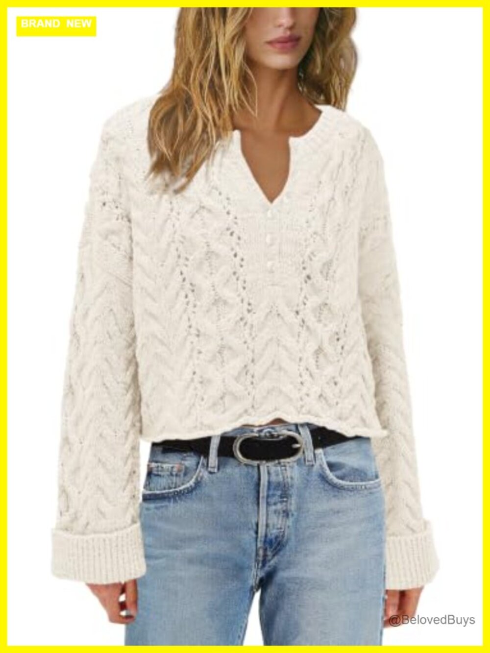 Oversized Cable Knit Bell Sleeve Sweater Cropped Pullover Fall Winter - Picture 2 of 4